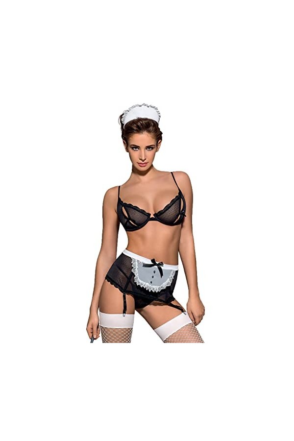 Obsessive Costume décolier avec haut, mini jupe avec ceinture, deux bandeaux, bas et string dans une jolie boîte cadeau, Noi