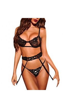 Ensemble De Lingerie Sexy Pour Femmes, Dentelle Pure Spaghetti Strap Bra Strappy Thongs Jarretières Ceinture Costumes Pour Fi