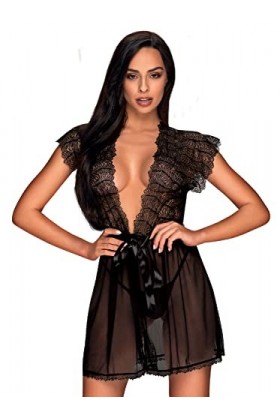 Selente Love & Fun Ensemble de lingerie à 2 pièces: déshabillé et Bandeau pour Les Yeux en Satin, noir dentelle sans string, 