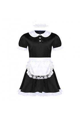 GWSFQ Lingerie Sexy Mens Maid Dress Uniforme Sexy Cosplay Costume Robe À Manches Courtes Satin Cosplay Robe Tablier-Noir_L