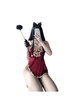 CRYPIN Lingerie Sexy, Bretelles Bords en Dentelle, Pyjama à Fente Haute, Uniformes érotiques