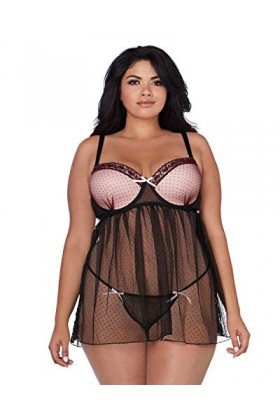 Dreamgirl 1X Plus Size Dot Mesh Underwire Babydoll with Lace Trim Ensemble de Lingerie, Black, Femme