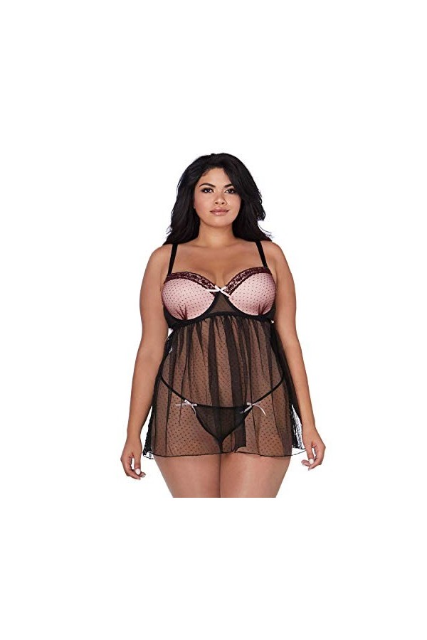 Dreamgirl 1X Plus Size Dot Mesh Underwire Babydoll with Lace Trim Ensemble de Lingerie, Black, Femme