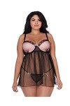 Dreamgirl 1X Plus Size Dot Mesh Underwire Babydoll with Lace Trim Ensemble de Lingerie, Black, Femme