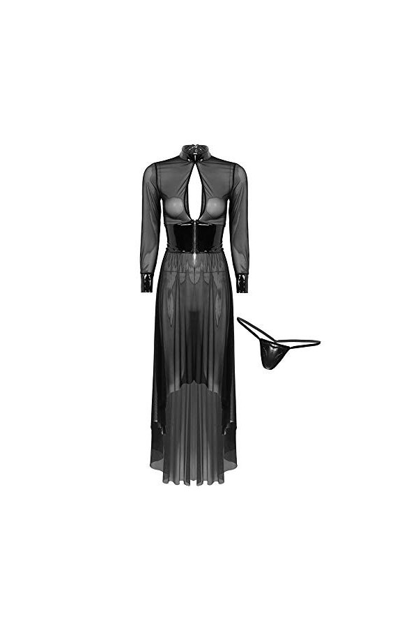 Rtyoo Lingerie Sexy en cuirFemmes Lingerie Sheer Mesh Spliced ​​Sexy Sex Sleepwear Nightgown Robe Longue avec String Briefs-B