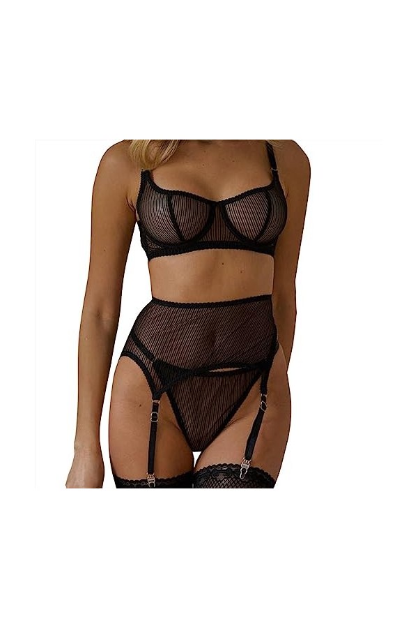 ZTIANEF Costume de Femme de chambreLa Lingerie érotique rassemble Un Ensemble Sexy en Maille rayée Transparente, Noir, M