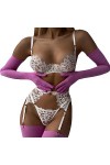 RougeCils Sexy Dentelle Pure Lingerie érotique Dos Nu Trois-pièces, Blanc, M