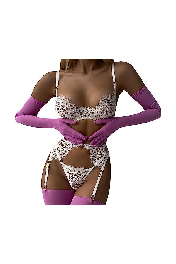 RougeCils Sexy Dentelle Pure Lingerie érotique Dos Nu Trois-pièces, Blanc, M