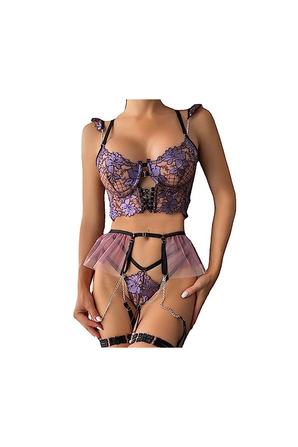 Plus Grande tailleLingerie érotique assemblée chaîne métallique Sexy Ensemble Quatre pièces, Violet, L