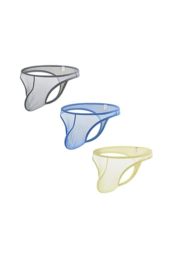 BIATWOWR String sexy taille basse en maille transparente avec pochette pour homme, 3 x Multi 02, L