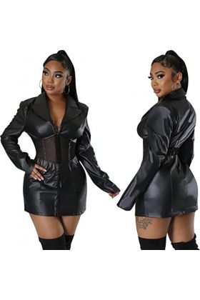 DCIUSTFHE Femmes Sexy Noir Faux Cuir Manches Longues Mailles Patchwork Robe Robe en Cuir Boîte De Nuit Bar DS Jeu De Rôle Scè