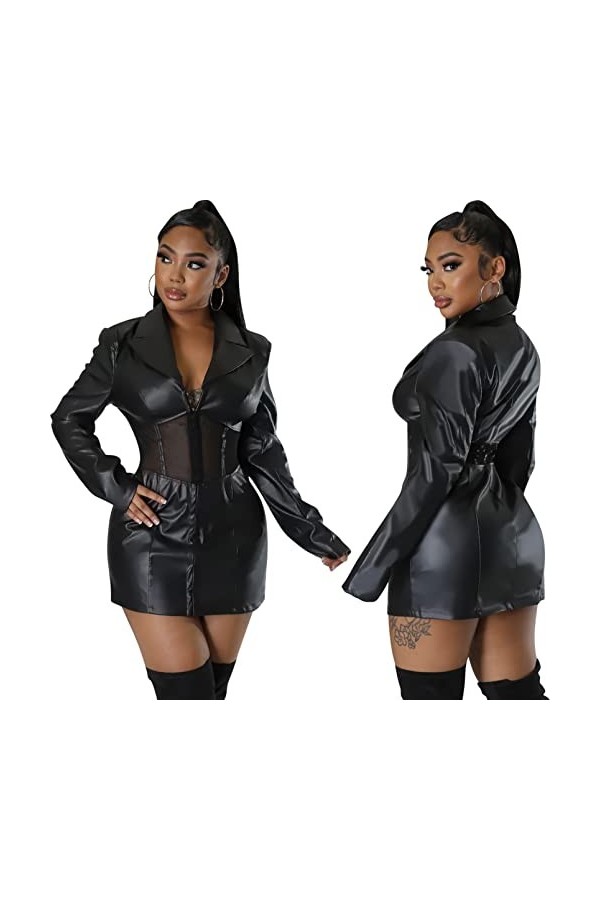DCIUSTFHE Femmes Sexy Noir Faux Cuir Manches Longues Mailles Patchwork Robe Robe en Cuir Boîte De Nuit Bar DS Jeu De Rôle Scè