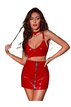 通用 Dames Sexy en Cuir Verni Soutien-Gorge Sac Hanche Jupe Deux pièces Barre Mascarade DS Costume,Rouge,L