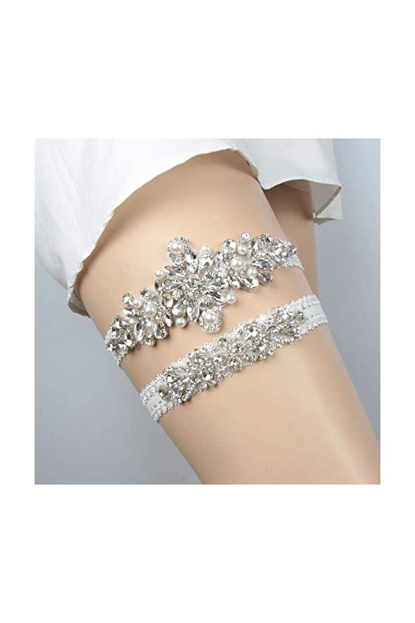 NC Accessoires de Robes de mariée jarretière, Accessoires de Mariage de mariée jarretière de Jambe en Dentelle Strass Sexy-Bl