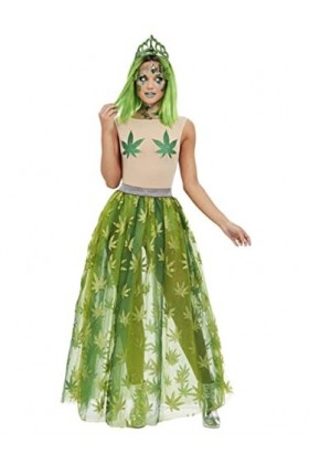 Cannabis Queen Costume, Green, Sheer Bodysuit, Skirt & Tiara S 