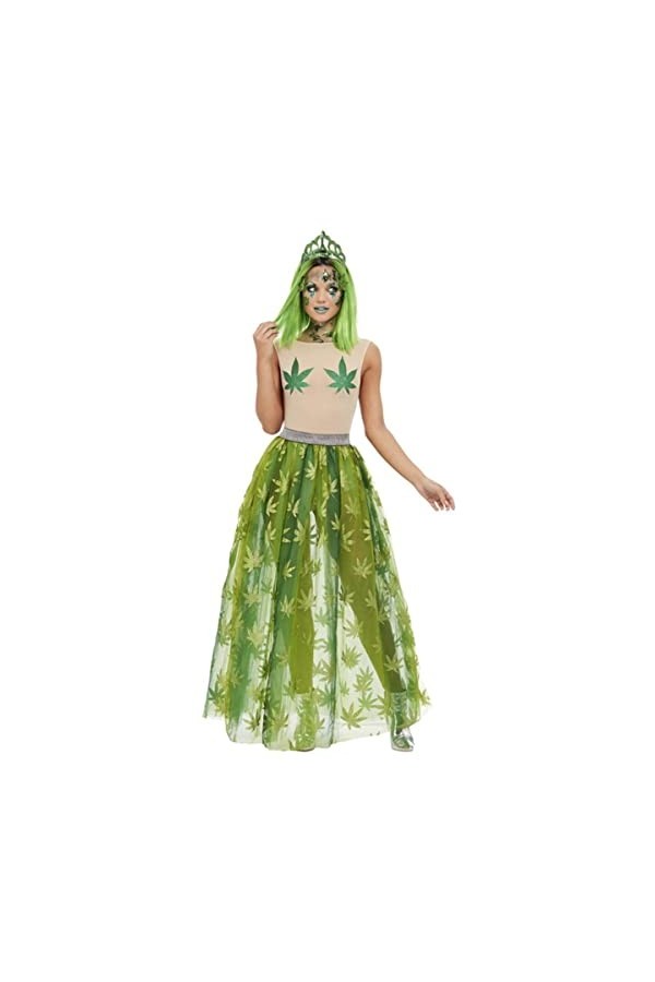 Cannabis Queen Costume, Green, Sheer Bodysuit, Skirt & Tiara S 