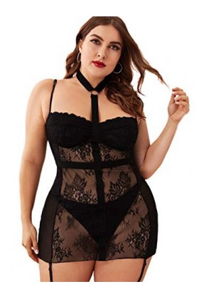 Floerns Womens Plus Size Sexy Lace V Neck Harness Sheer Mesh Lingerie Dress