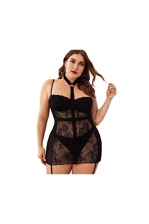 Floerns Womens Plus Size Sexy Lace V Neck Harness Sheer Mesh Lingerie Dress