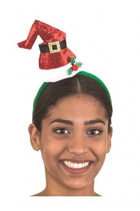 Santa Glitter Mini Hat Headband with Holly Red