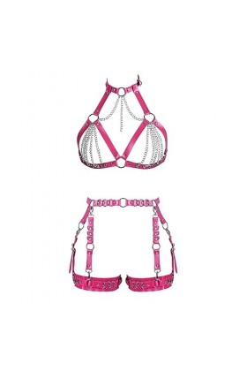Femmes Body Strap Cuir Punk Bra Mode Creux sans Tasse Corps Cage Garter Set Gothique Halloween Rave Costume Rose Rouge 