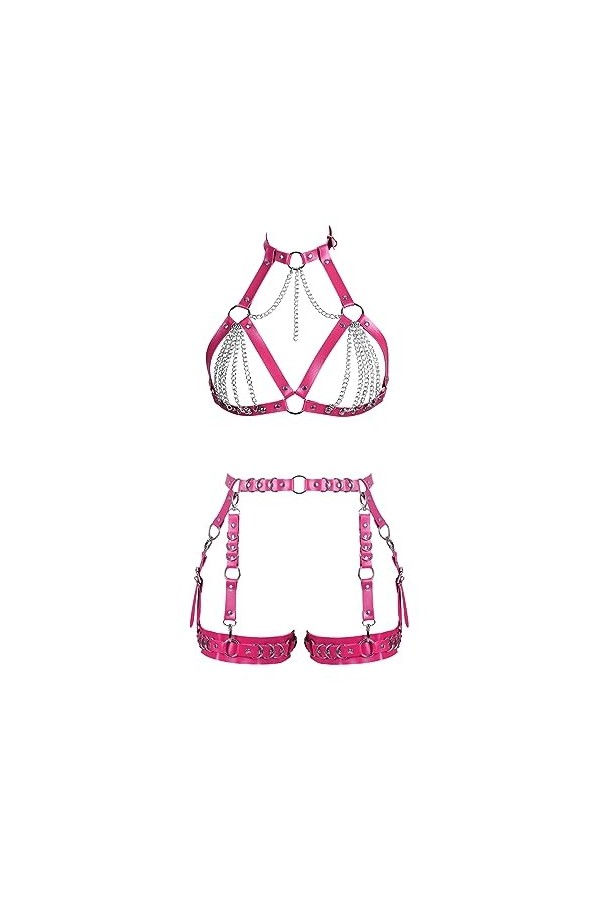 Femmes Body Strap Cuir Punk Bra Mode Creux sans Tasse Corps Cage Garter Set Gothique Halloween Rave Costume Rose Rouge 