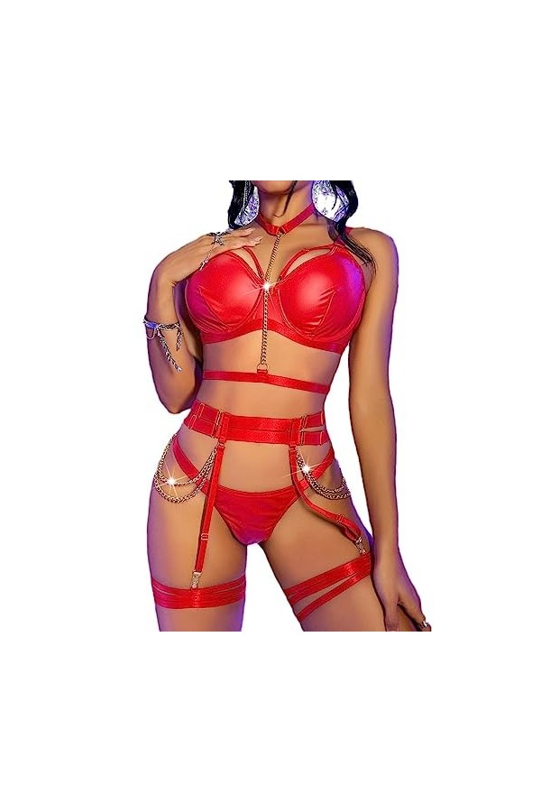 ZTIANEF La grilleLingerie érotique PU Strappy Chain Sexy Uniform Set, Rouge, S