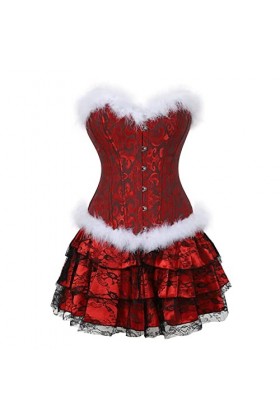 DELIGUO Bustiers et Corsets Femme - Sexy Santa Corset Lingerie avec Jupe Costumes De Père Noël pour Les Femmes De Noël Noir R