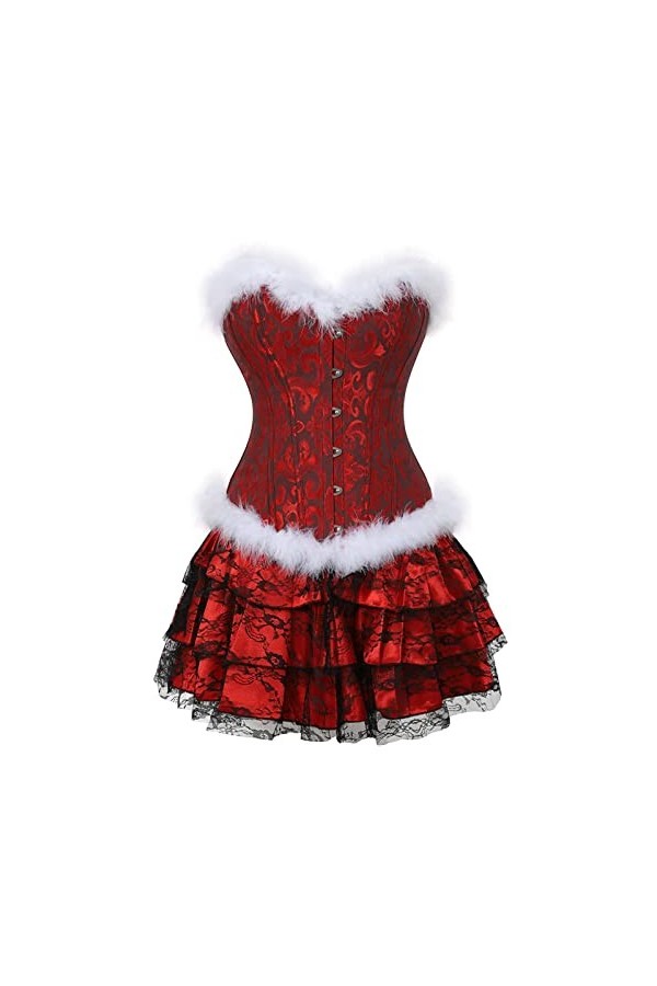 DELIGUO Bustiers et Corsets Femme - Sexy Santa Corset Lingerie avec Jupe Costumes De Père Noël pour Les Femmes De Noël Noir R