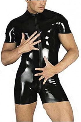 Hommes Sexy Body Shorts Sleeve Faux Leather Catsuit Club Stage Wear,Noir,Moyen