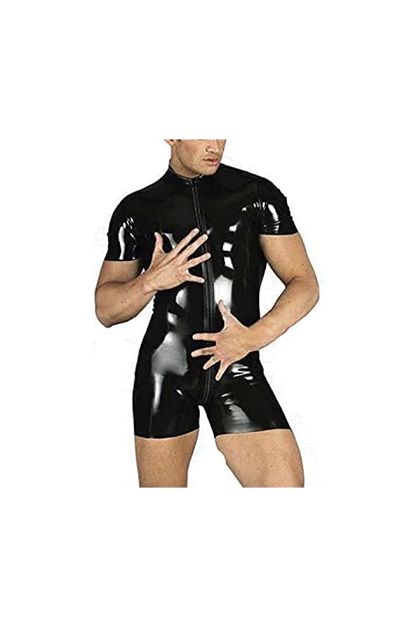 Hommes Sexy Body Shorts Sleeve Faux Leather Catsuit Club Stage Wear,Noir,Moyen