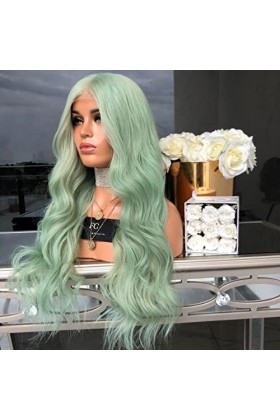 DUNEL Wig For Women Long Body Wave Wigs for Women Mint Green Middle Part Hairline Halloween Party Costume Cosplay Wig Fashion