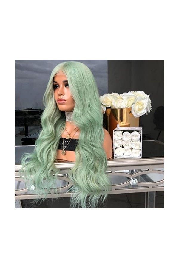 DUNEL Wig For Women Long Body Wave Wigs for Women Mint Green Middle Part Hairline Halloween Party Costume Cosplay Wig Fashion