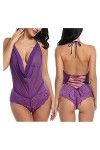 Femmes Sexy Nightwear Underwear G String Lace Sling Sleepwear Bodys Plus Size Violet XL. 