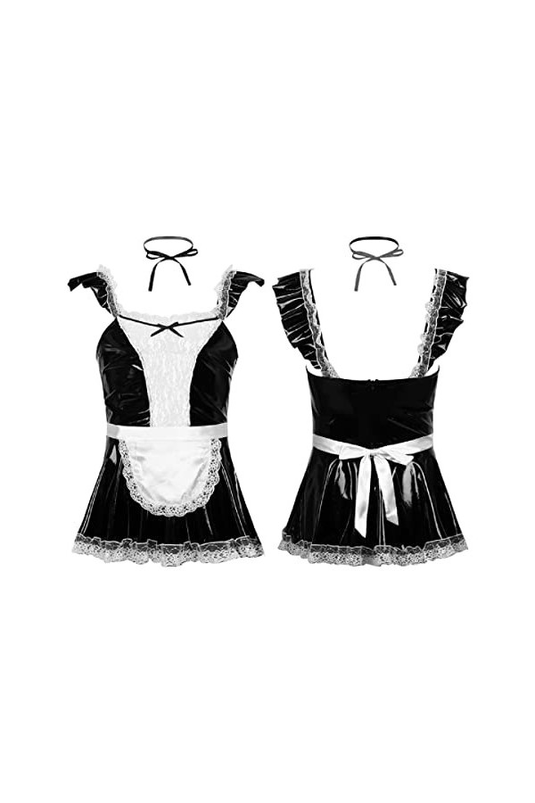 Mens Sissy Maid Cosplay Costume Sissy Clubwear Latex Party Dentelle Garniture Mini Robe Évasée avec Tablier Cravates,Noir,L