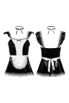 Mens Sissy Maid Cosplay Costume Sissy Clubwear Latex Party Dentelle Garniture Mini Robe Évasée avec Tablier Cravates,Noir,L