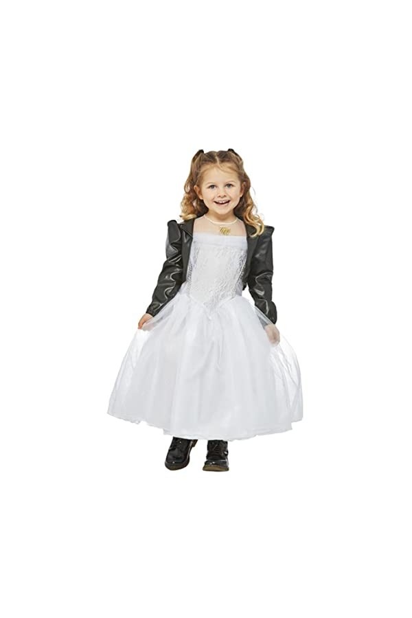 Smiffys 51525T2 Costume de mariée de Chucky sous licence officielle Tiffany pour fille, noir et blanc, 3-4 ans