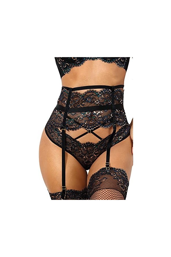 Axami Porte-jarretelles en dentelle élastique bleue dorée, Noir/bleu., XS