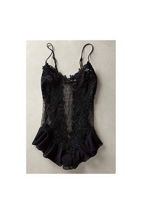 Femmes Sexy Lingerie Soie Dentelle Maille sans Manches Solide Chemise De Nuit Vêtements De Nuit Bodys Costume Noir S 
