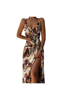 Robe Sexy for Femmes Printemps été Slim Fit Solide Spaghetti Sangle col en V Profond froncé Robes Fendues for Les Femmes Col