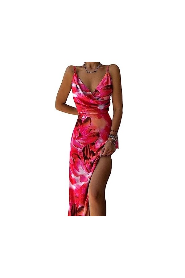 Robe Sexy for Femmes Printemps été Slim Fit Solide Spaghetti Sangle col en V Profond froncé Robes Fendues for Les Femmes Col