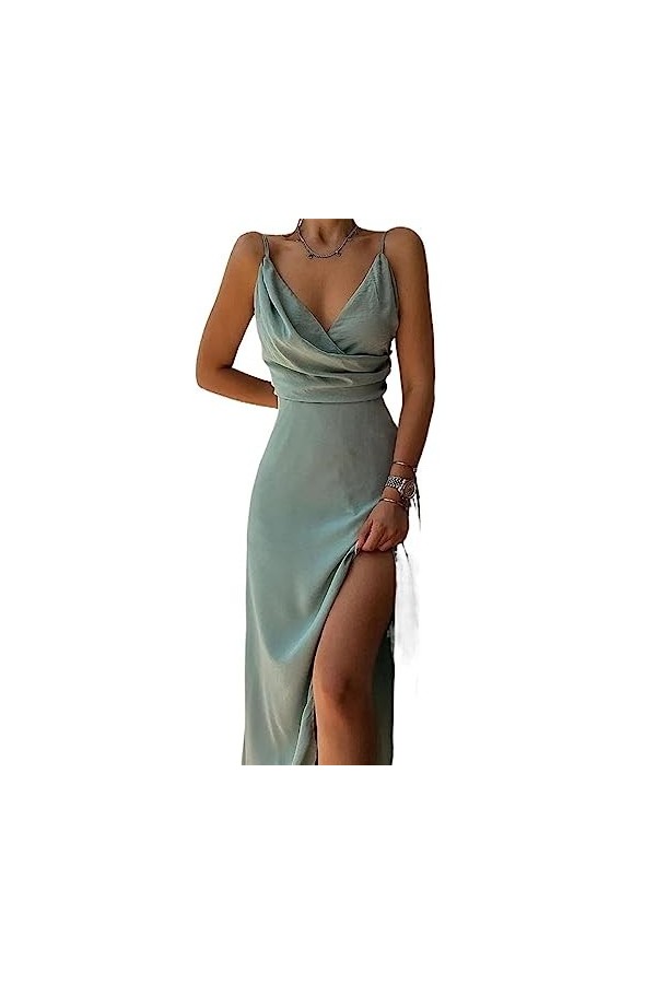 Robe Sexy for Femmes Printemps été Slim Fit Solide Spaghetti Sangle col en V Profond froncé Robes Fendues for Les Femmes Col