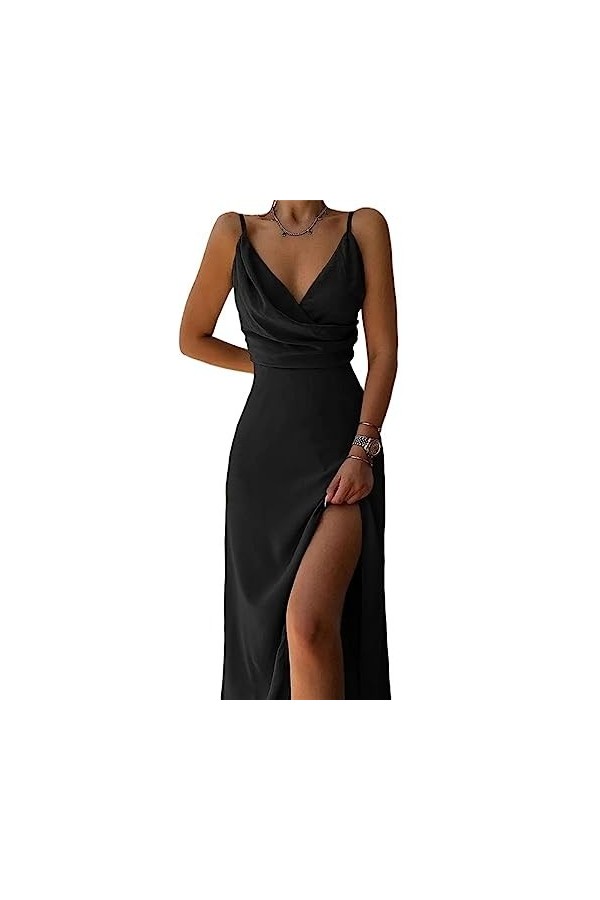 Robe Sexy for Femmes Printemps été Slim Fit Solide Spaghetti Sangle col en V Profond froncé Robes Fendues for Les Femmes Col