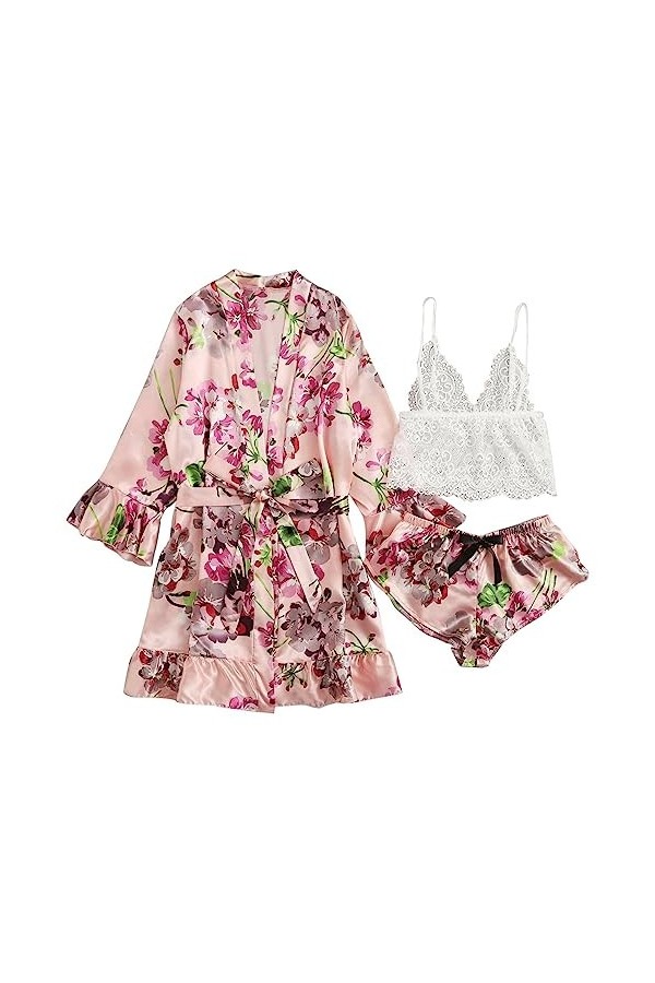 ZTIANEF Ouvrir lentrejambeLady sexy robe de chambre peignoir érotique lingerie imprimé pyjama silk loungewear, rose, L