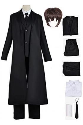 Foanja Dazai Osamu Déguisement Adulte Cosplay Bungo Stray Dogs Détective Dazai Osamu Noir Compléter Anime Uniforme et Perruqu