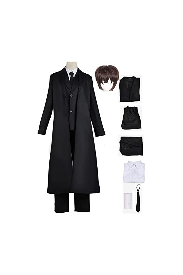 Foanja Dazai Osamu Déguisement Adulte Cosplay Bungo Stray Dogs Détective Dazai Osamu Noir Compléter Anime Uniforme et Perruqu