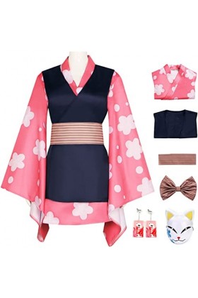 Foanja Makomo Déguisement Femme Cosplay Demon Slayer Corps Makomo Anime Kimono Robe et Boucles doreilles Renards Accessoires