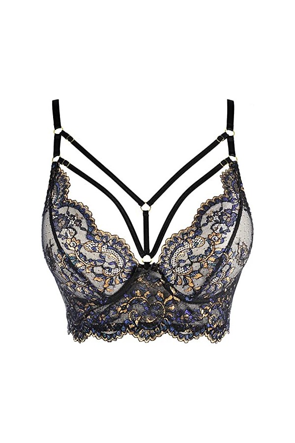 Axami Demi-corset noir avec dentelle dorée et bleu, Noir , 95E