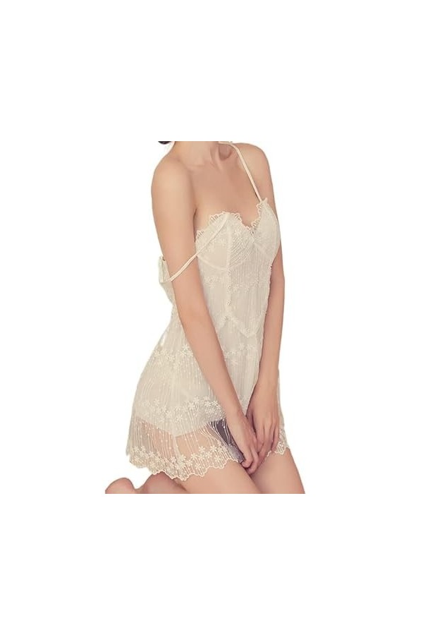 MERNEL Vêtements sexuels Sexy Pure Broderie Fleur Pyjama Femme Tentation Sangle Robe Dentelle Gaze Sexy Femmes Color : Bianc