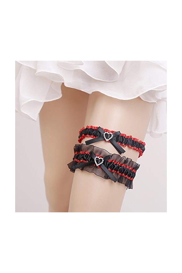 Jarretière en Dentelle pour Dames, Jarretière en Dentelle Sexy en Forme de cœur Rouge et Noir-Or + Noir, Ceintures en Dentell