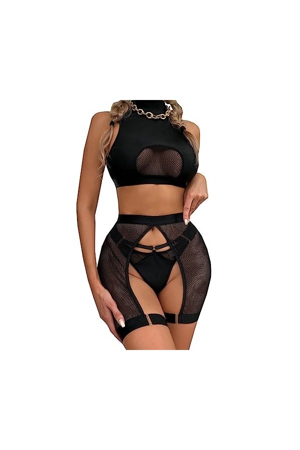 Plus Grande tailleLingerie érotique Maille Sexy Trois pièces, Noir, M
